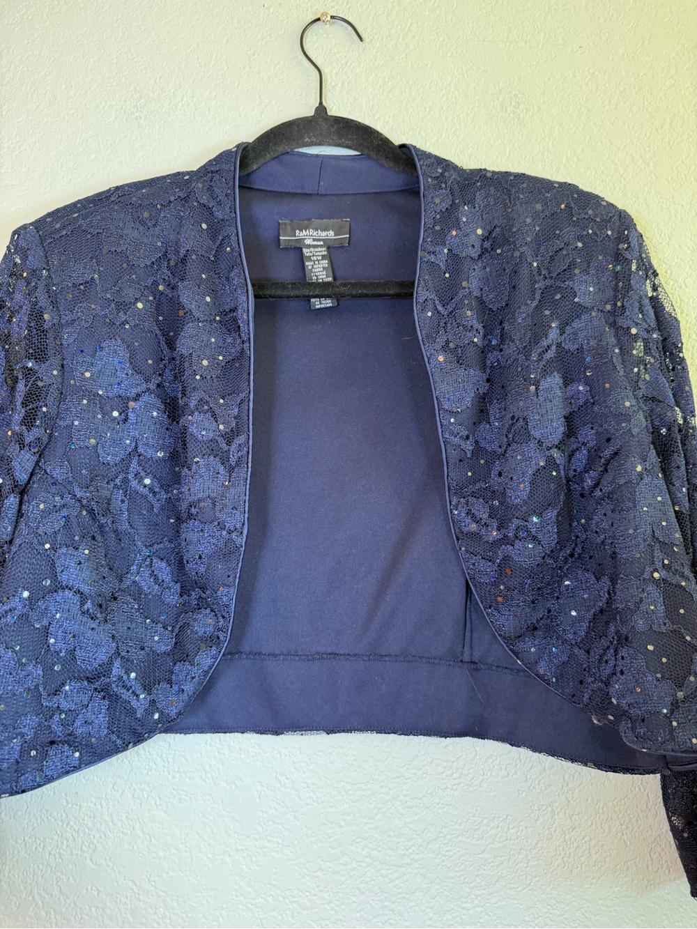 R&M Richards Saphire Blue Sequined Sheer Sleeve Formal Festive Bolero Jacket 16